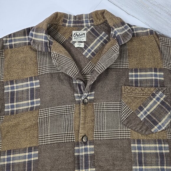 ORTON BROTHERS PATCHWORK BROWN FLANNEL SHIRT MEN'S SIZE LARGE - Picture 2 of 16